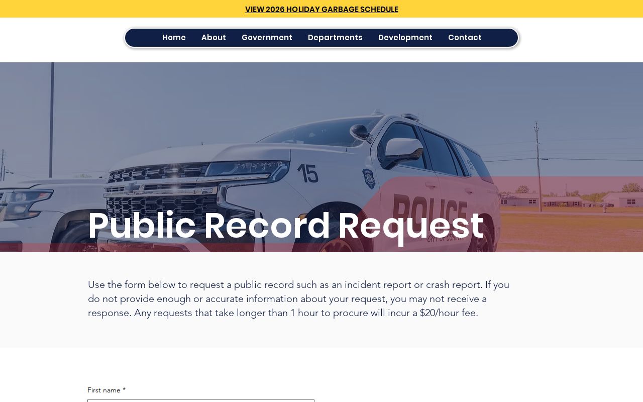 Corinth public-records request form with required contact fields and a fee acknowledgment checkbox