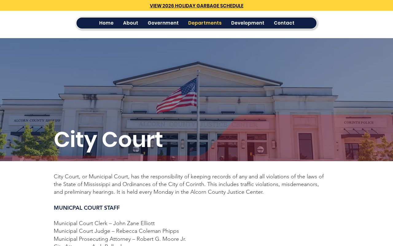 Corinth Municipal Court official page describing the Alcorn County city court's record scope and Monday setting