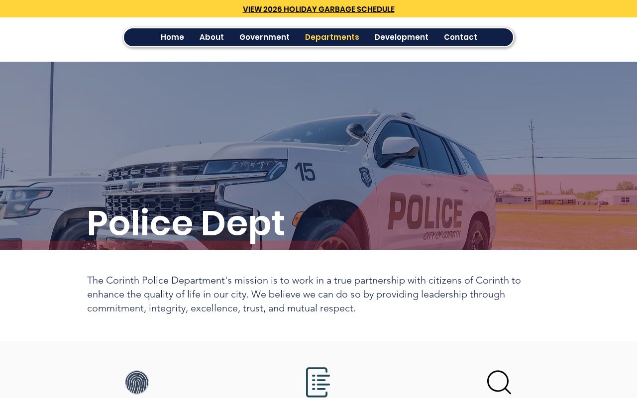 Corinth Police Department page routing Alcorn County warrant and ticket questions to the Municipal Court Clerk