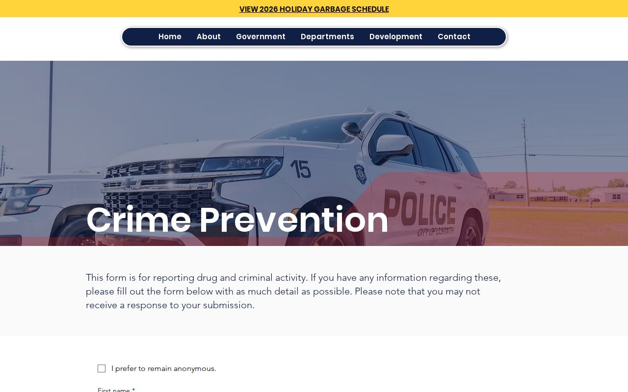 Corinth crime-tips form with an anonymous option, contact fields, and a required tip description box