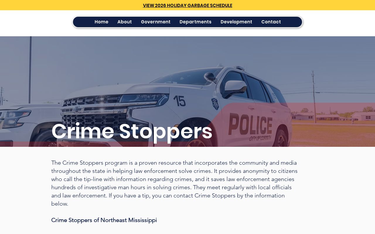 Corinth Crime Stoppers tip-program page linked from the police department site