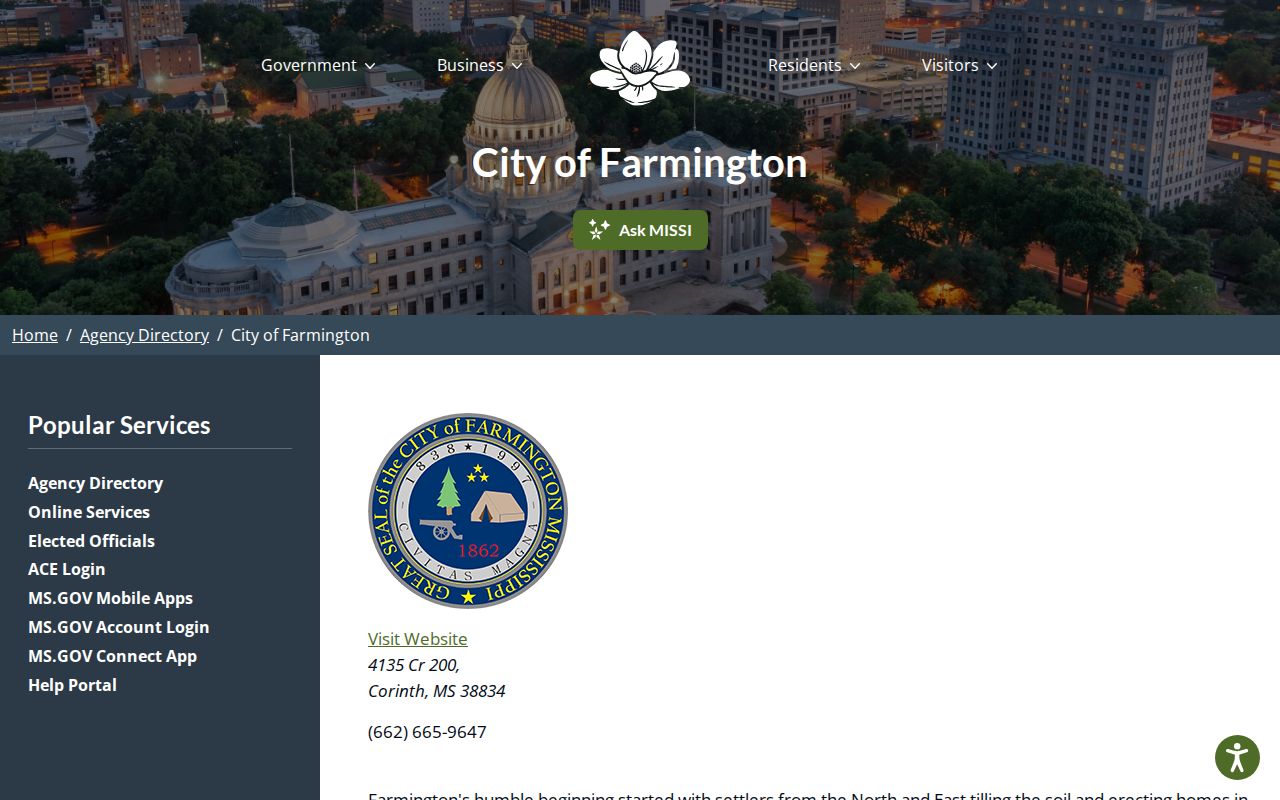 Mississippi.gov official agency page for the city of Farmington with contact and local history details