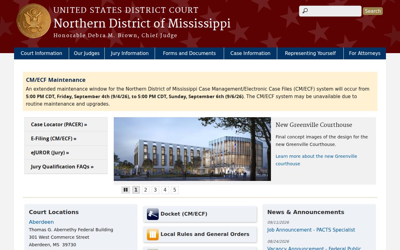 U.S. District Court for the Northern District of Mississippi official page listing court locations and clerk contact