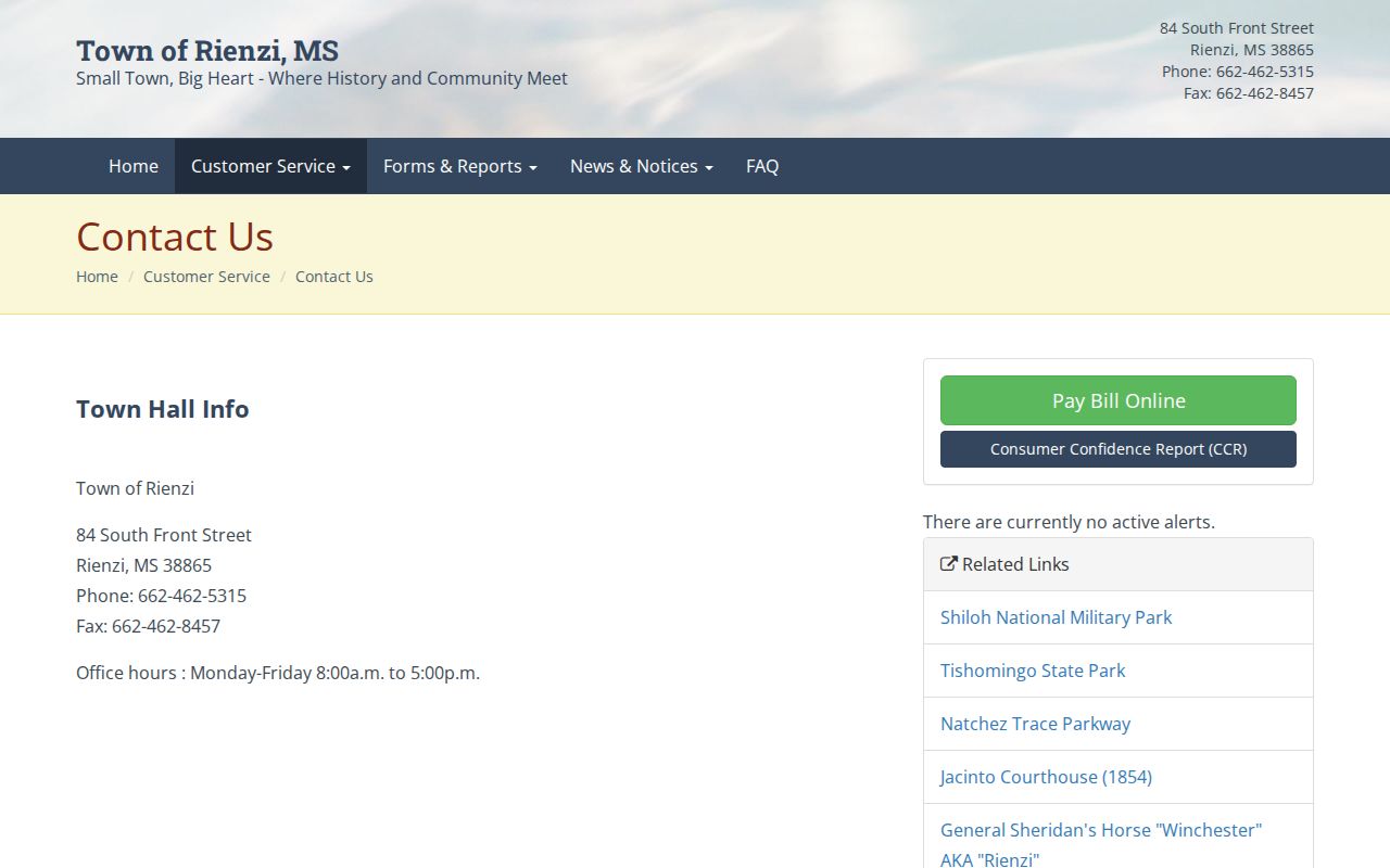 Rienzi Town Hall official contact page listing address, phone, fax, and office hours
