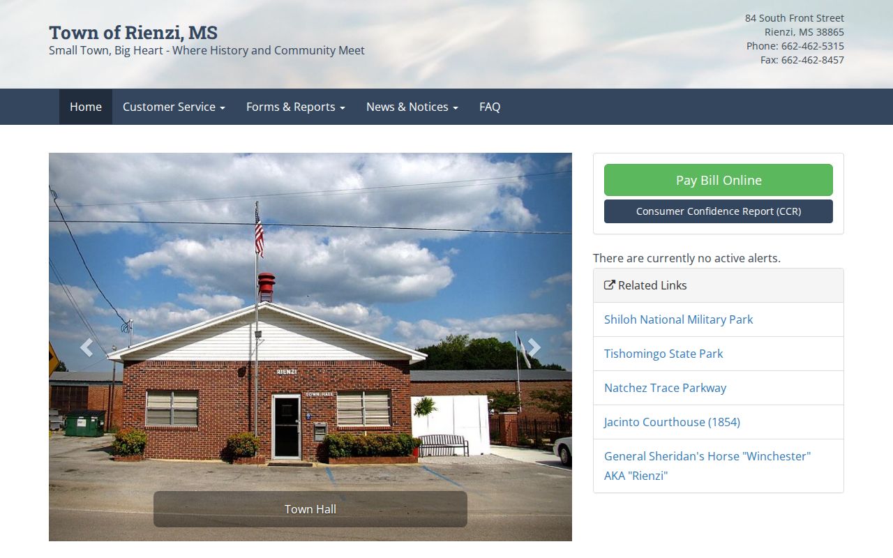 Town of Rienzi official home page featuring Jacinto Courthouse history alongside town contact information