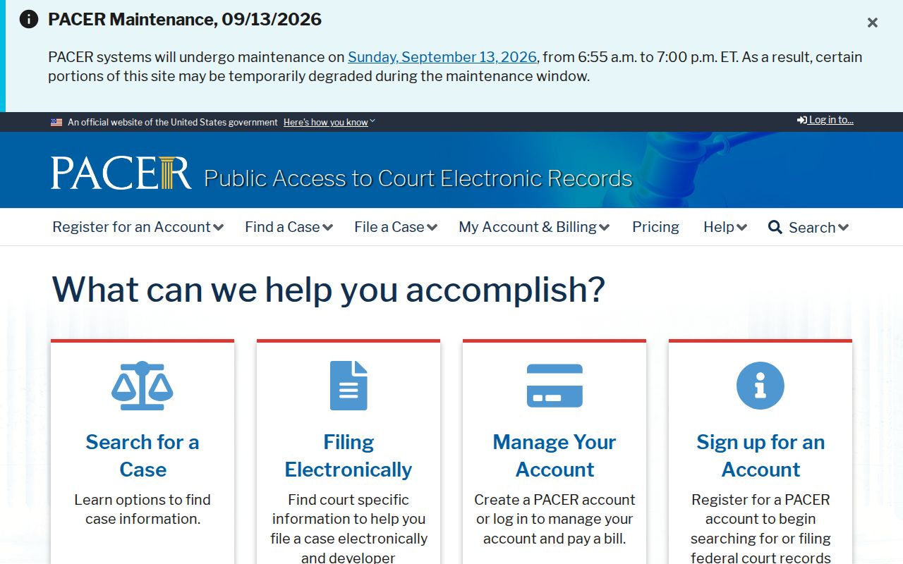 PACER federal docket search entry point, a separate system from Alcorn County's own warrant records